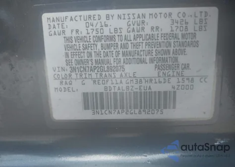 2016 Nissan Versa 1.6 Sv from USA, damaged, VIN 3N1CN7AP2GL892075